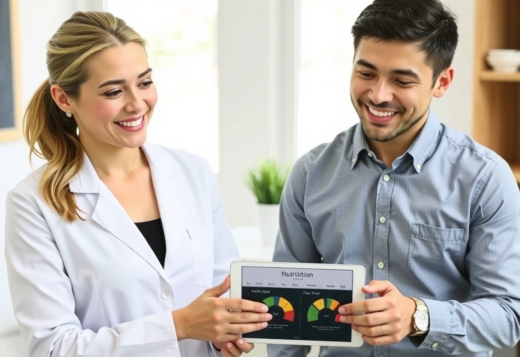 Dietista sonriente explicando conceptos de nutrición a un cliente con gráficos de alimentos saludables.
