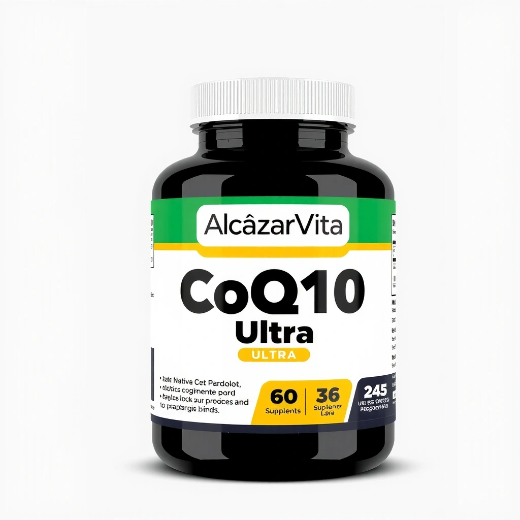 Bote de suplemento Alcazarvitavb CoQ10 Ultra con un diseño moderno y etiqueta clara.