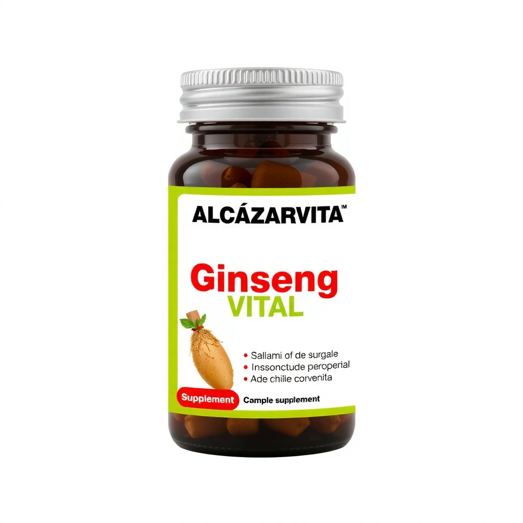 Bote de suplemento Alcazarvitavb Ginseng Vital con un diseño moderno y etiqueta clara.