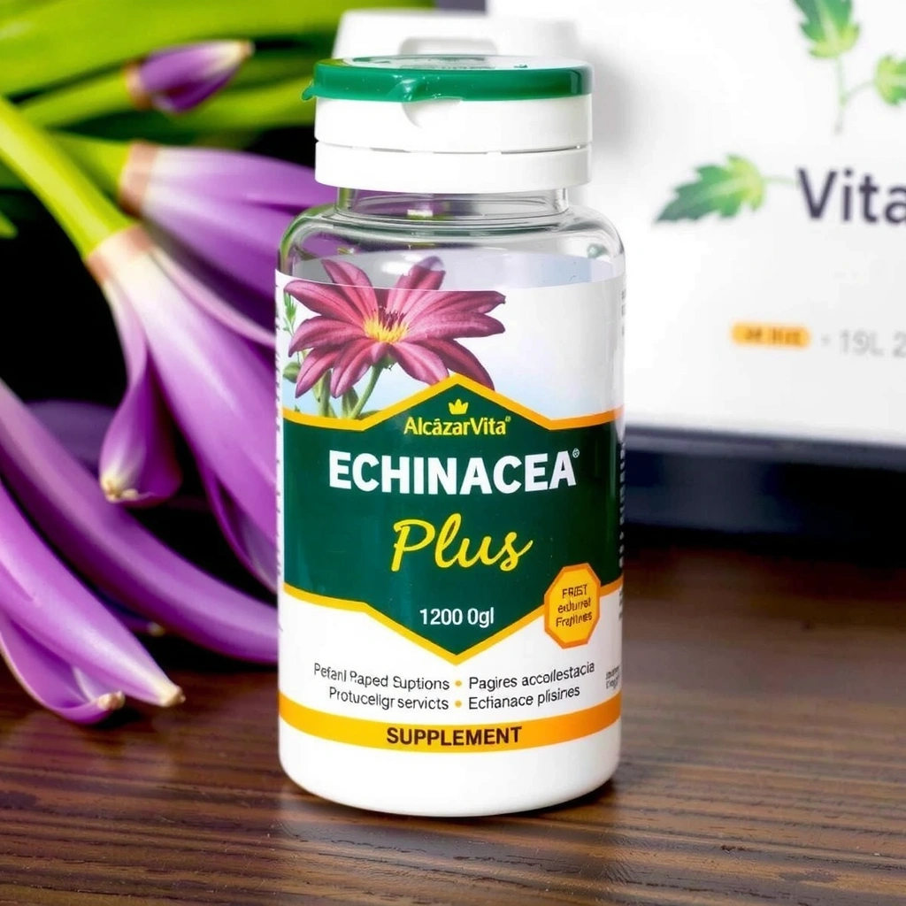 Bote de suplemento Alcazarvitavb Equinácea Plus con un diseño moderno y etiqueta clara.