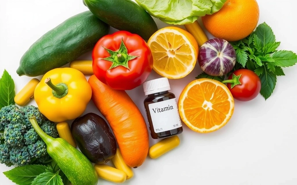 Frutas, verduras y suplementos vitamínicos dispuestos armónicamente para simbolizar el apoyo inmunológico.