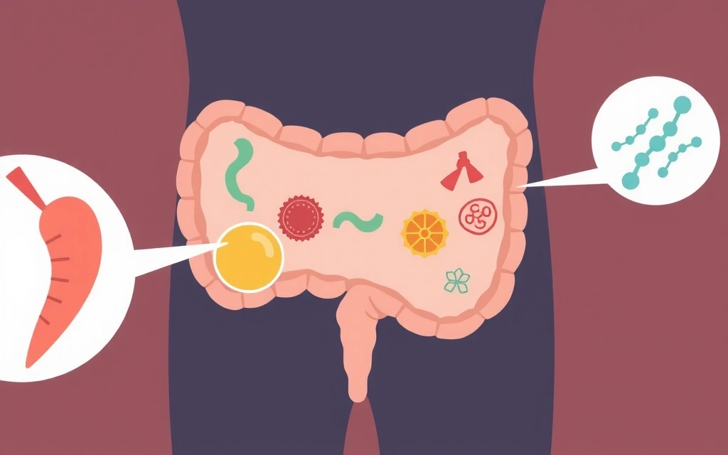 Ilustración detallada del sistema digestivo humano, con elementos que representan probióticos y enzimas digestivas.